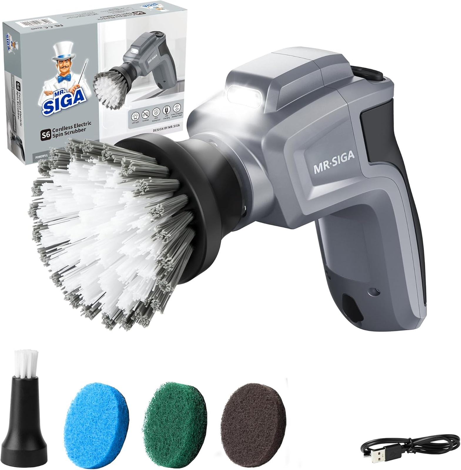 Electric Spin Scrubber Waterproof Cordless Cleaning Brush with 5 Replaceable