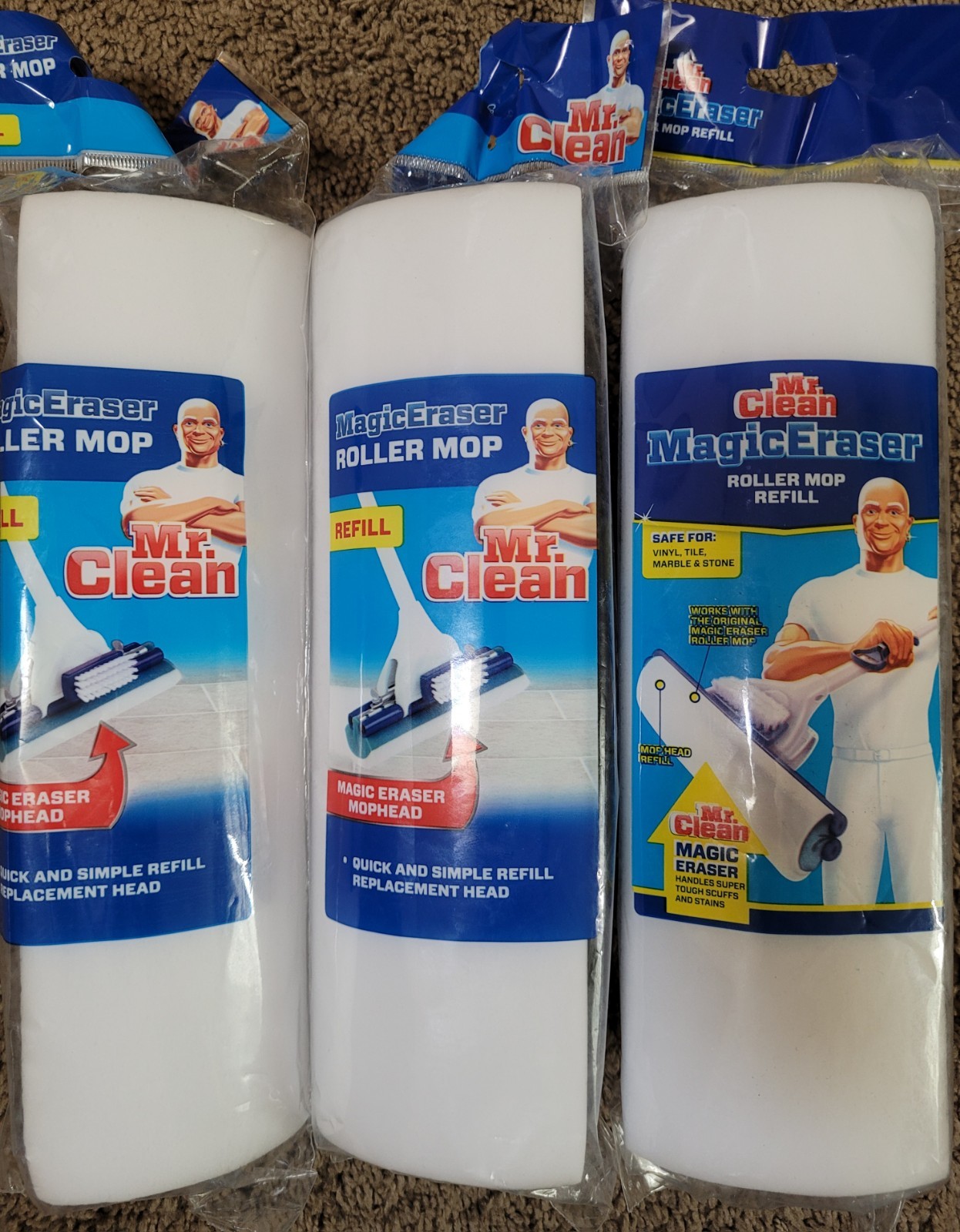 Lot Of 3 Mr. Clean Magic Eraser Blue & White Roller Mop Refill Free Shipping