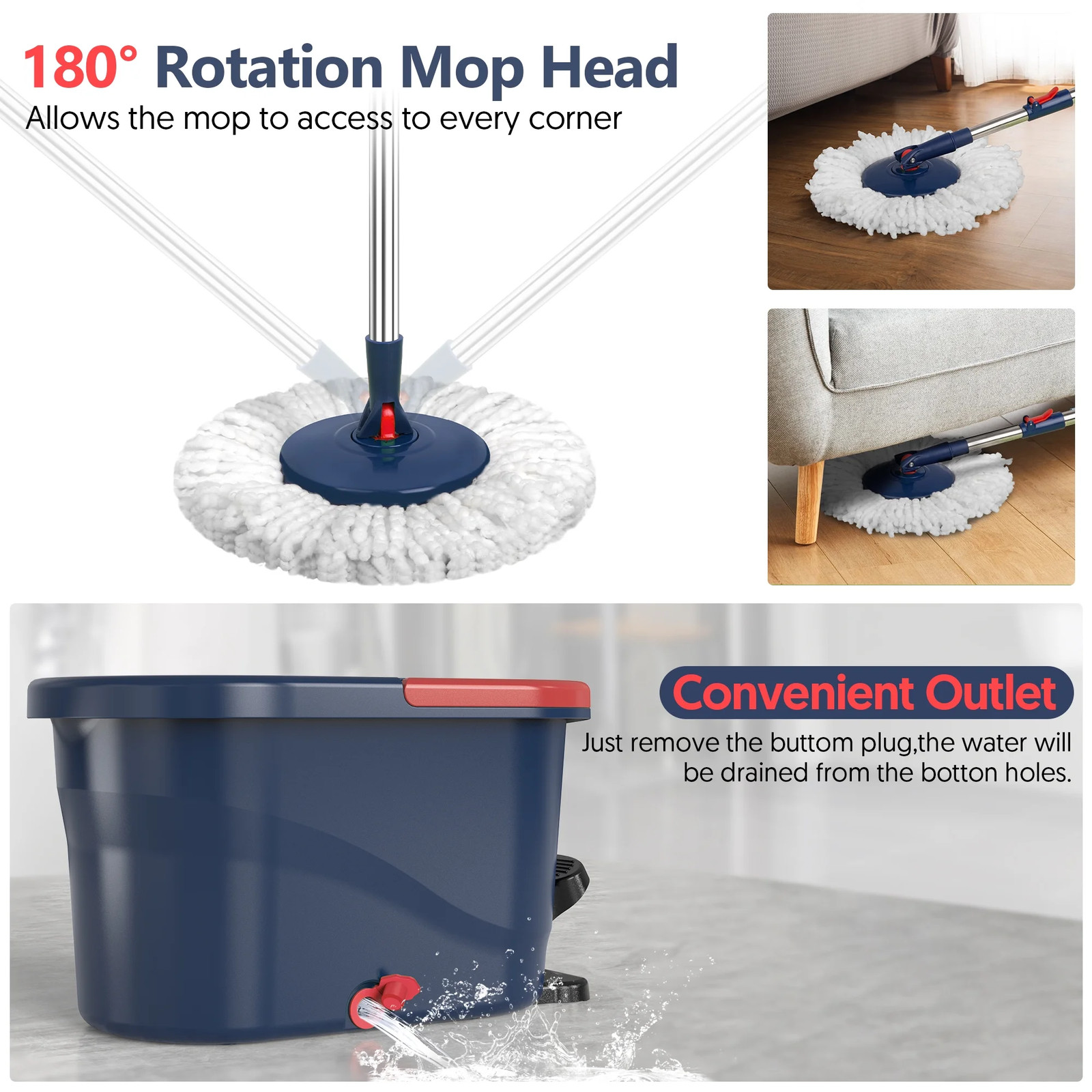 Spin Mop Bucket with Foot Pedal Wringer System Set Floors Cleaning No Mess