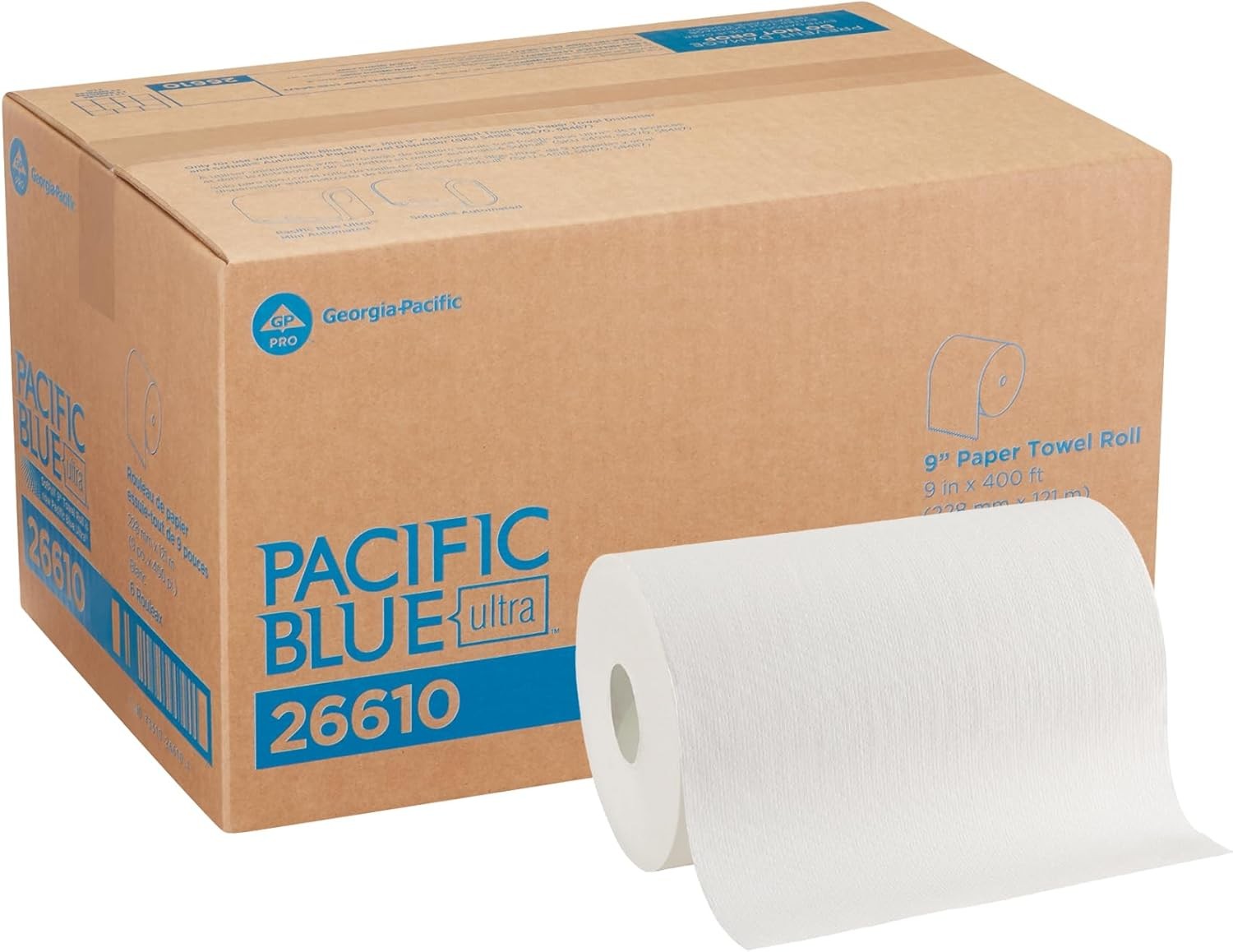 Pacific Blue Ultra, 9″ Paper Towel Rolls (26610), White, 6 Rolls per Case, 400′