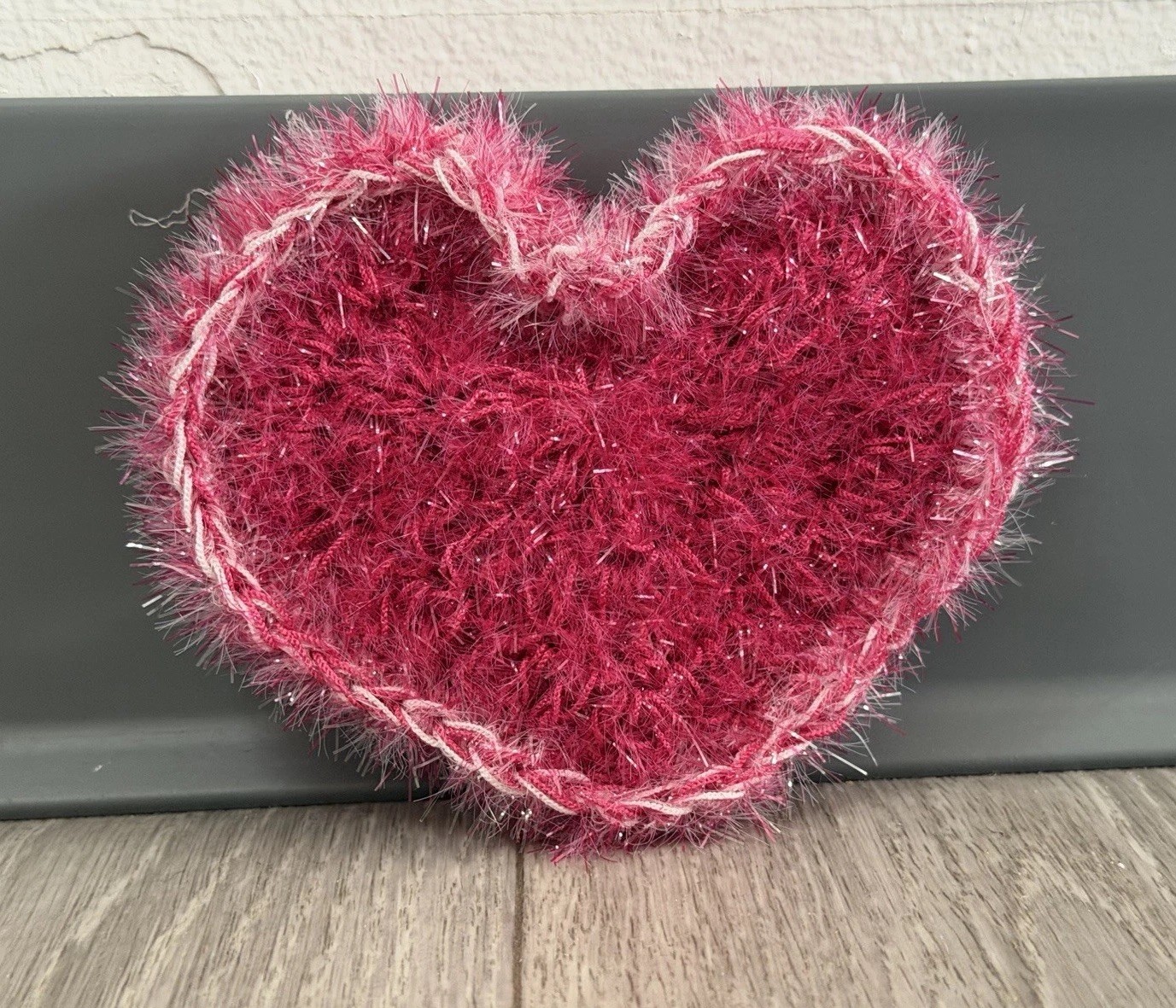 Handmade Dish Scrubber Silver Sparkle Heart Shape Non-Scratch Scrubby 3.75”