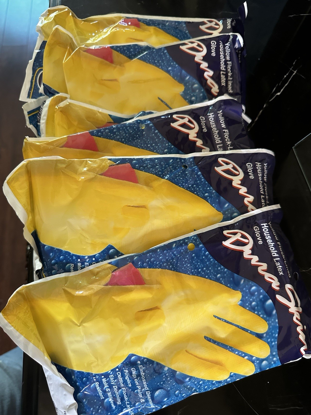 Dura Skin Latex Cleaning Gloves Large Yellow Cotton Flock-Lined Easy Grip