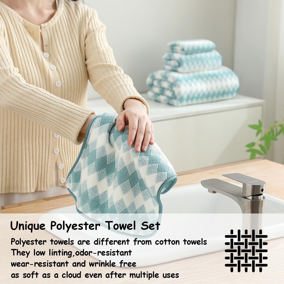 12 Pcs Turquoise Diamond Towel Set-4 Bath Towels,4 Hand Towels,4 Washcloths Soft