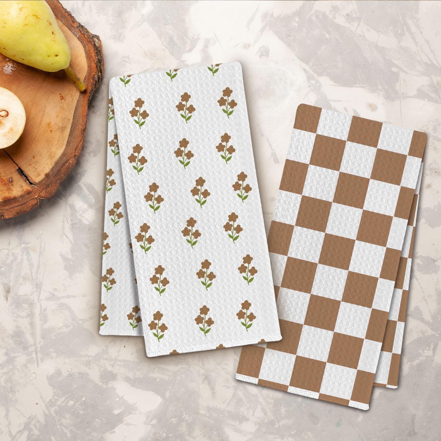 Boho Floral Checkered Kitchen Towels, Brown and White Plaid Dish Towels Drying