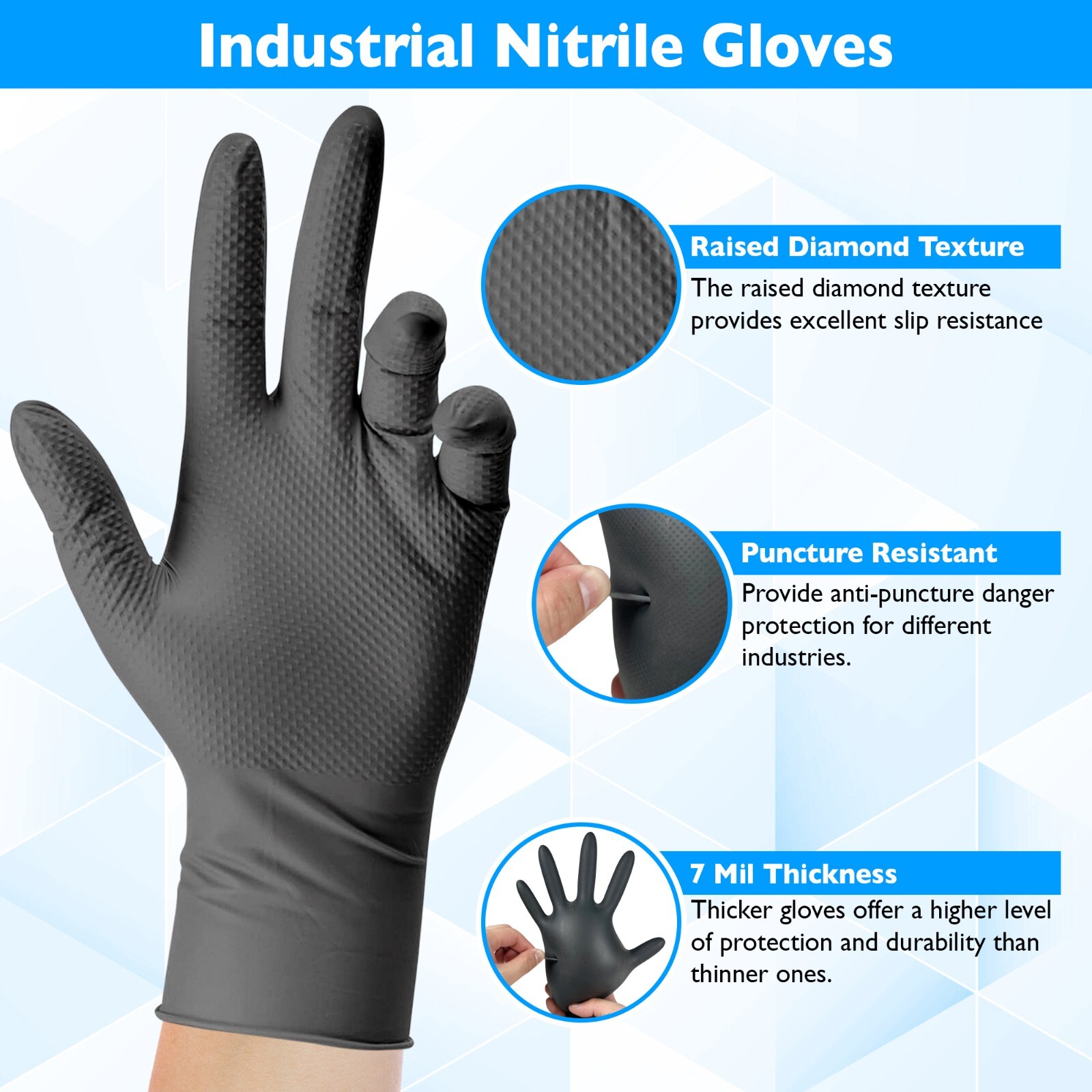 Fortify Diamond Textured Nitrile Gloves – 7mil Heavy Duty, foodsafe (L) Black