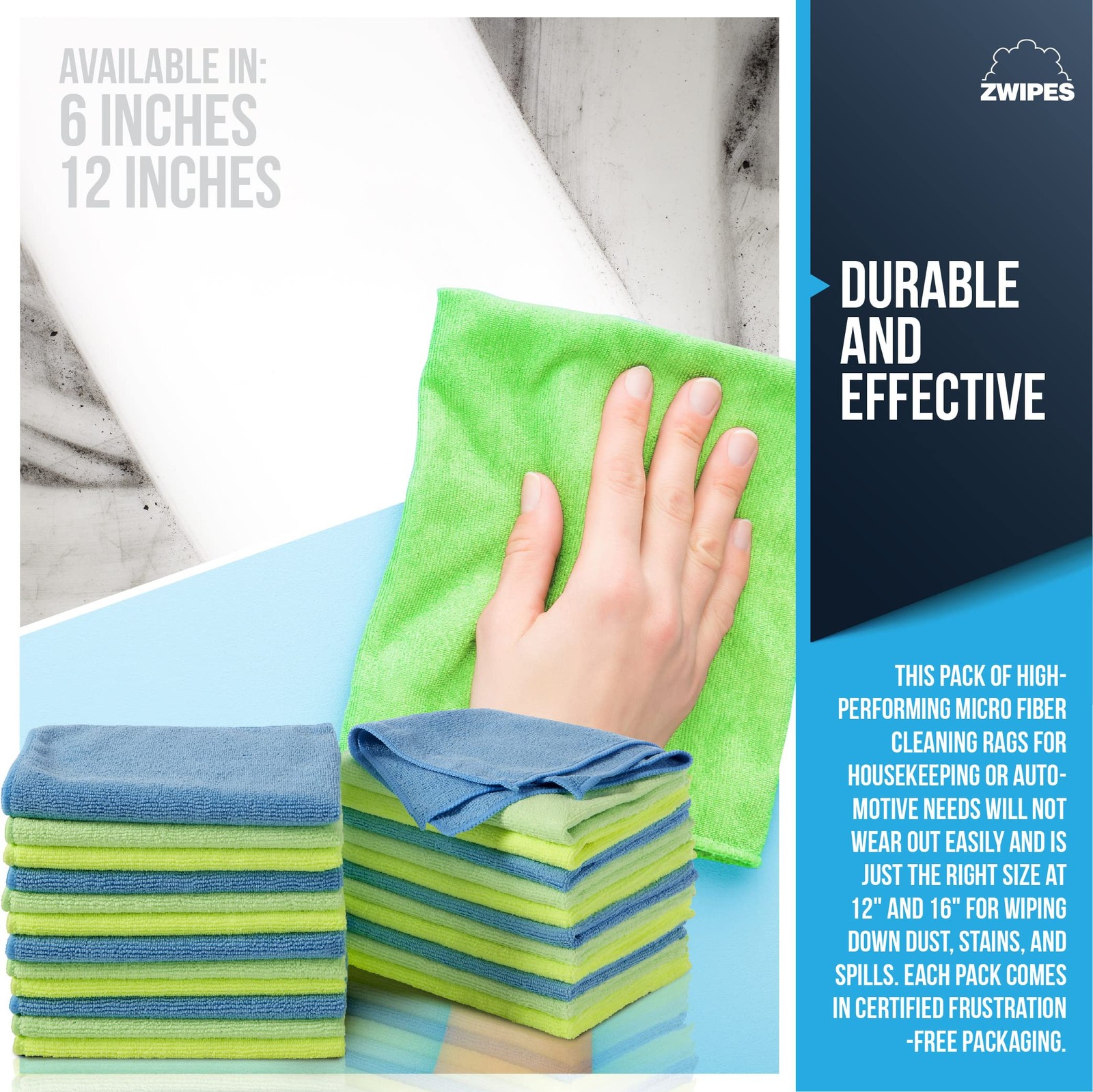 Zwipes 735 Microfiber Towel Cleaning Cloths, 12 Pack 12-pack, Blue and Green