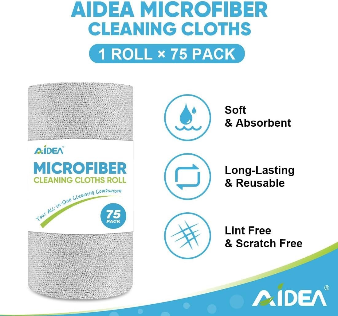 Microfiber Cleaning Cloth Roll, Grey 75PK, Reusable Paper Towels Tear Away Cl…