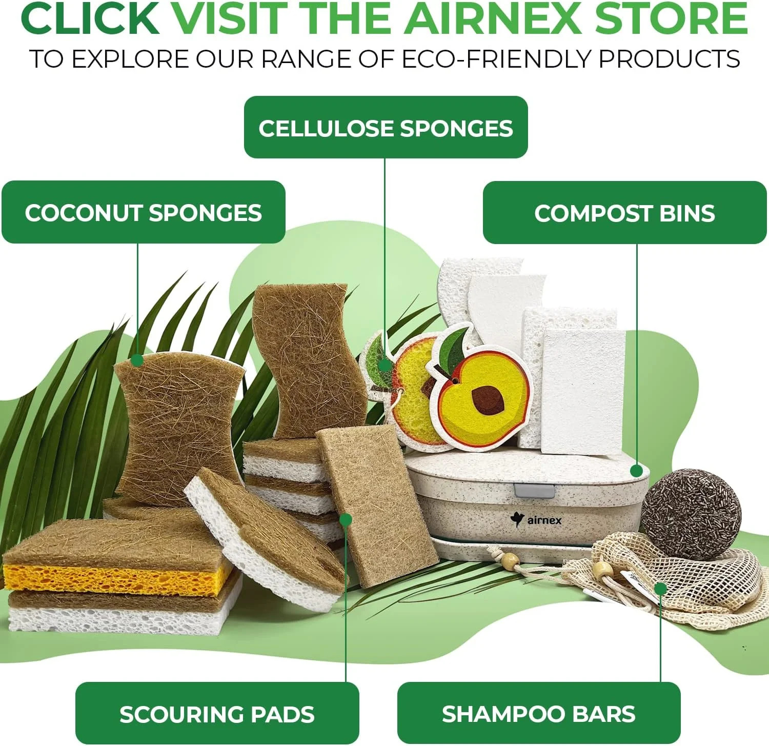 AIRNEX Natural Kitchen Sponges (12 Pack) – Biodegradable Cellulose & Coconut Scr