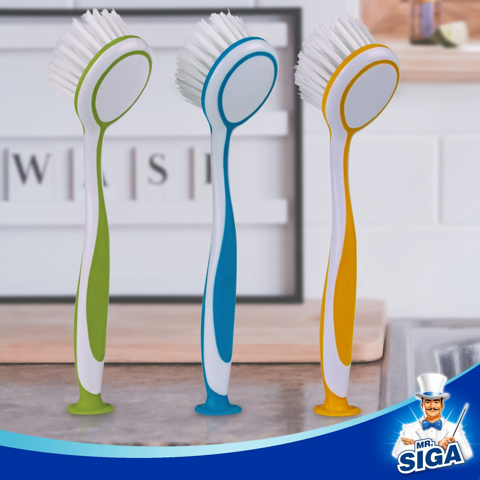 MR.SIGA Round Dish Brush, Size: Dia 6.5 X 5.5 X 25 cm, Green, Blue, Orange
