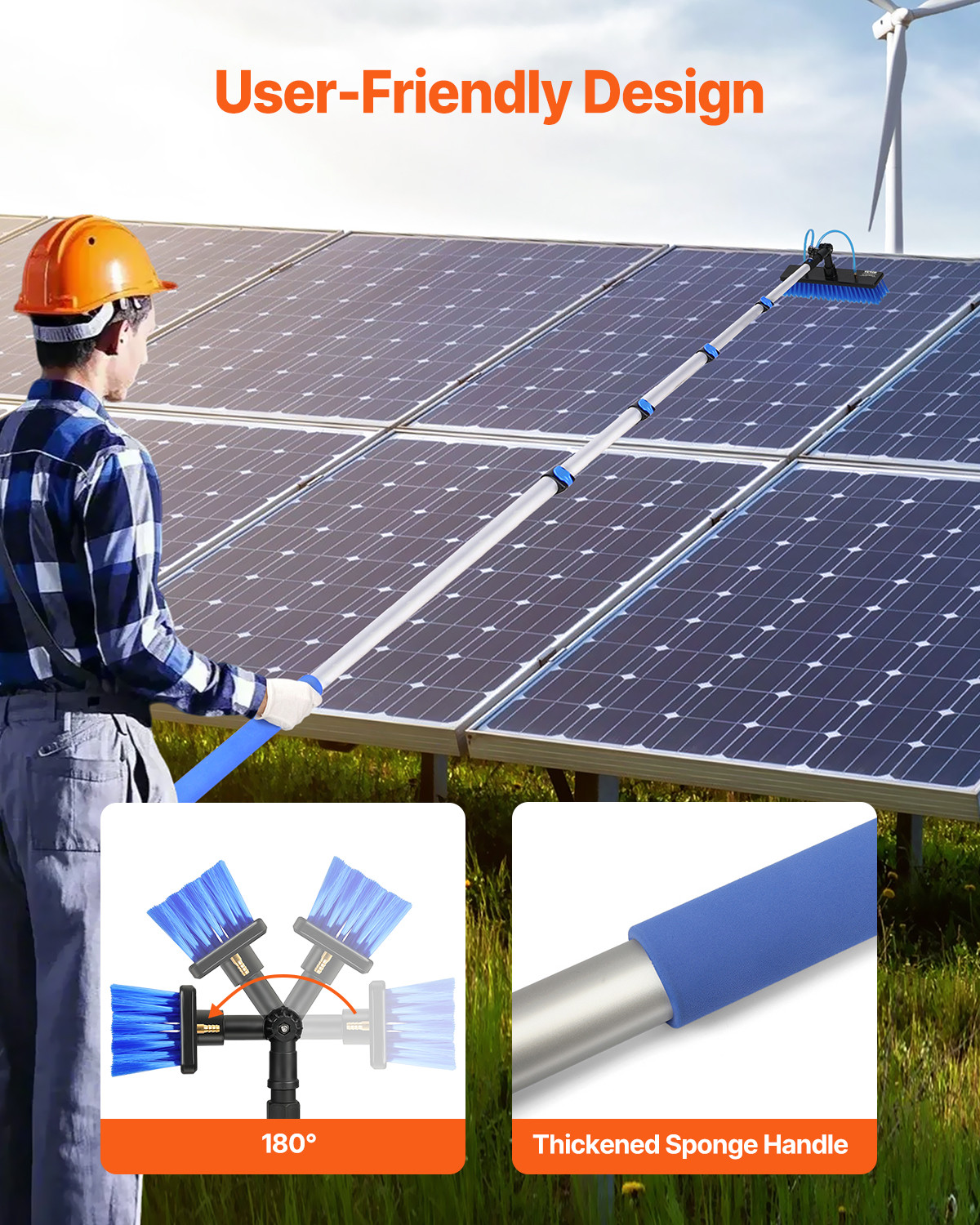 Water Fed Pole Kit 30FT Solar Panel Cleaning Pole 180° Rotatable Brush Head