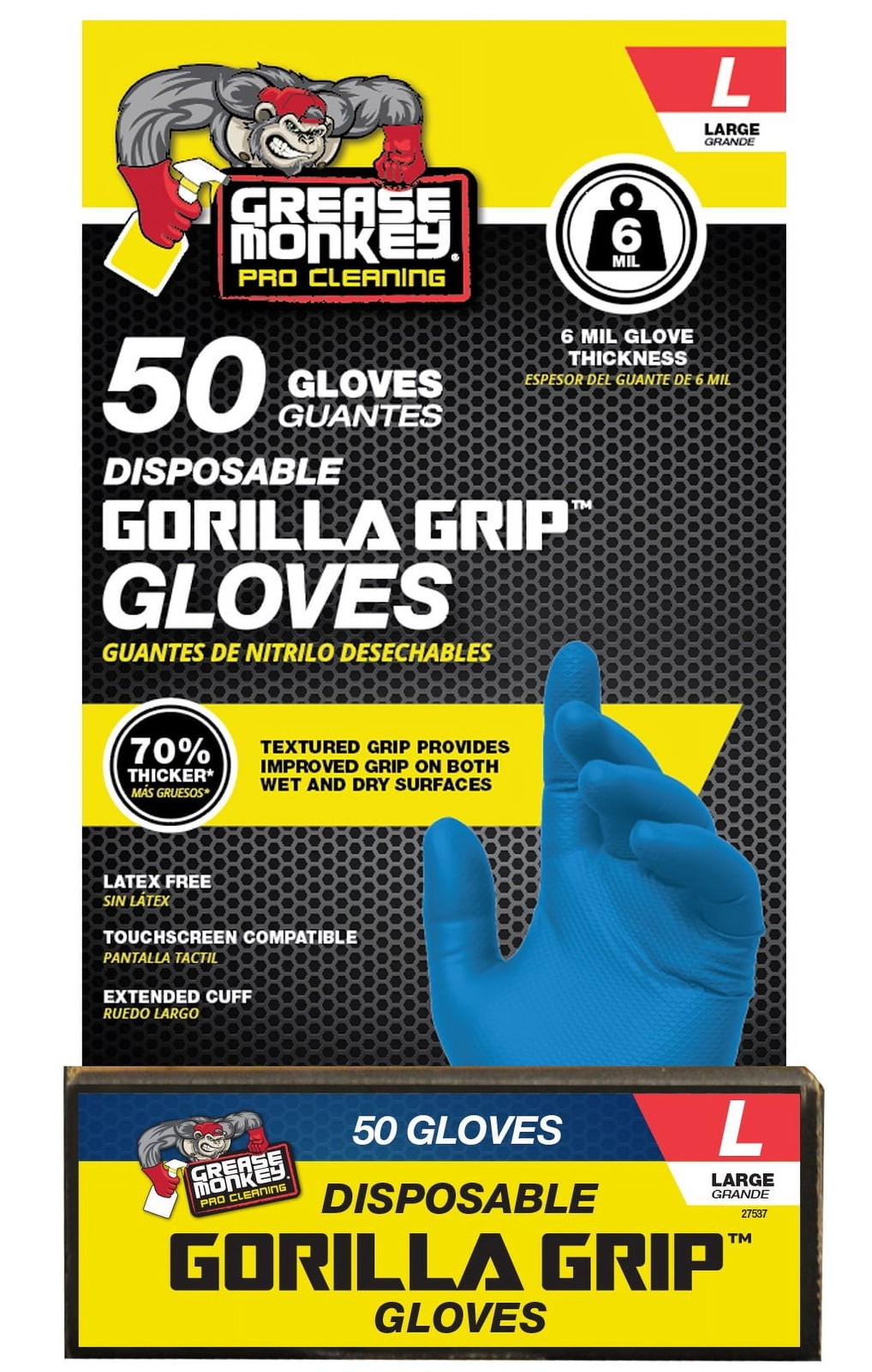 Disposable Nitrile Gloves, Blue, 50 Count Traction Grip, Male, Large