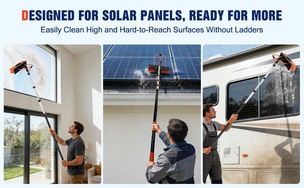 Water Fed Pole Window Cleaning System, Solar Panel Kit, 180° Brush & Soap Dispen