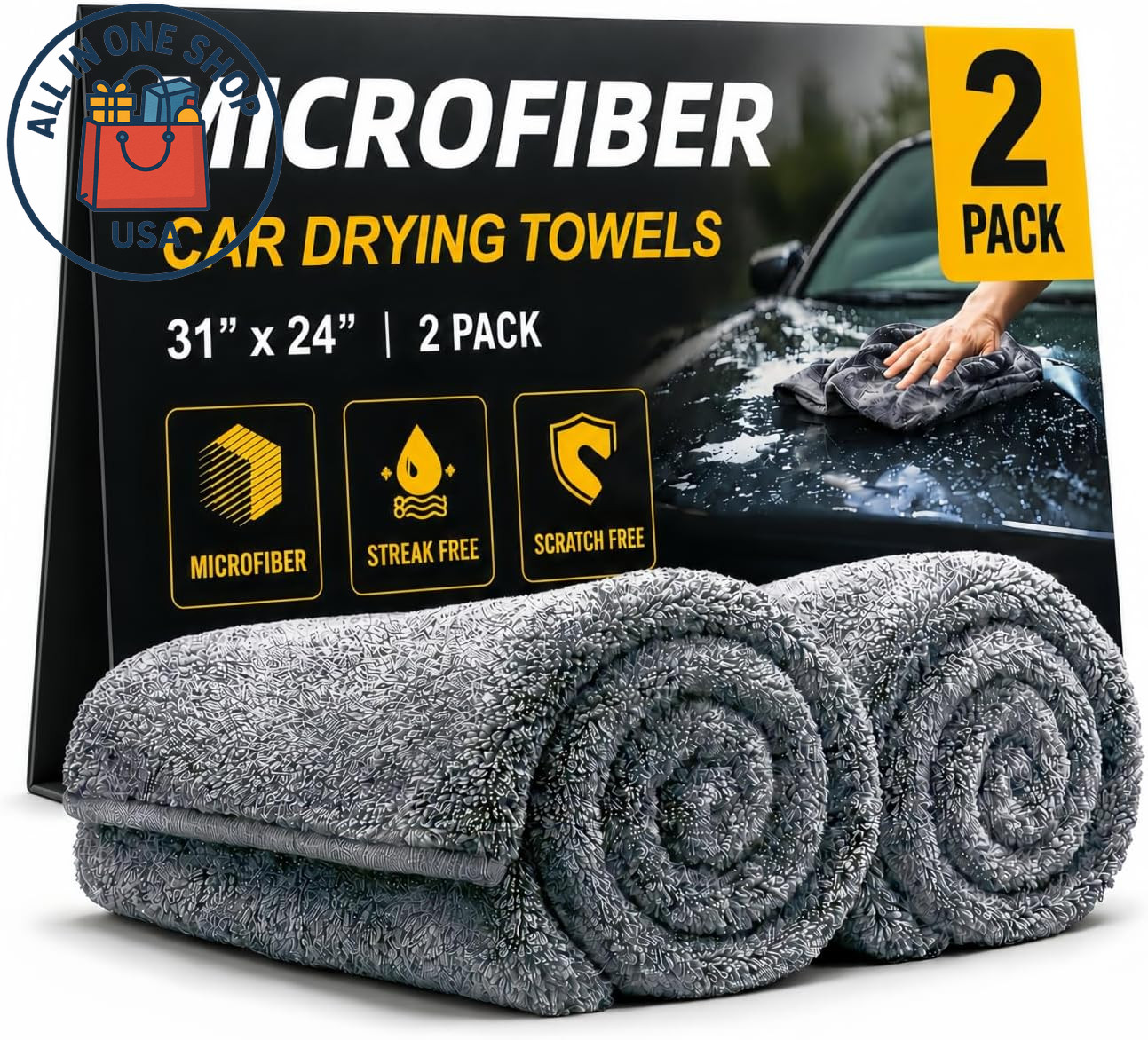 Large Microfiber Car Drying Towels, Scratch & Lint Free, Professional 2-Pack