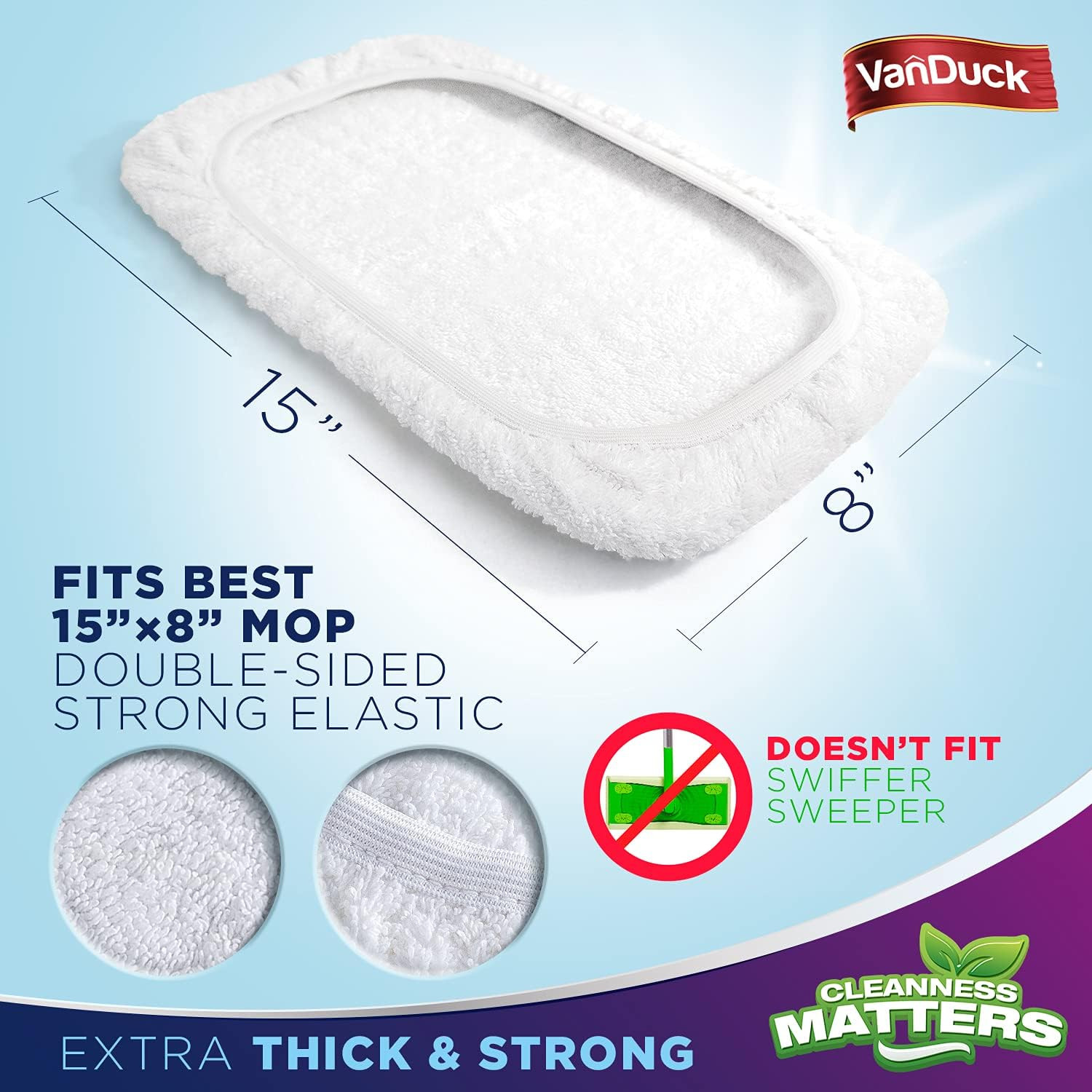 100% Cotton Terry Mop Pads 15X8 Inches 3-Pack, Terry Cloth Mop Covers (M