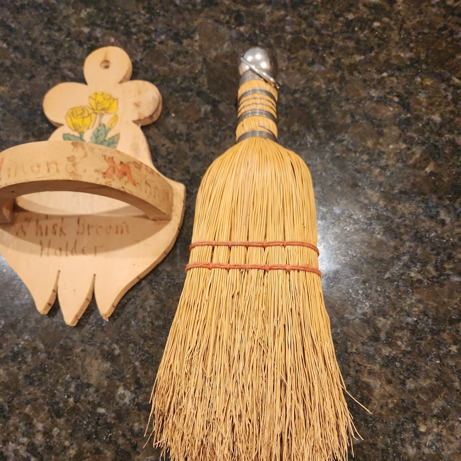 Vintage Straw Whisk Broom with Metal Handle and Wood Hanger, 10” Tall