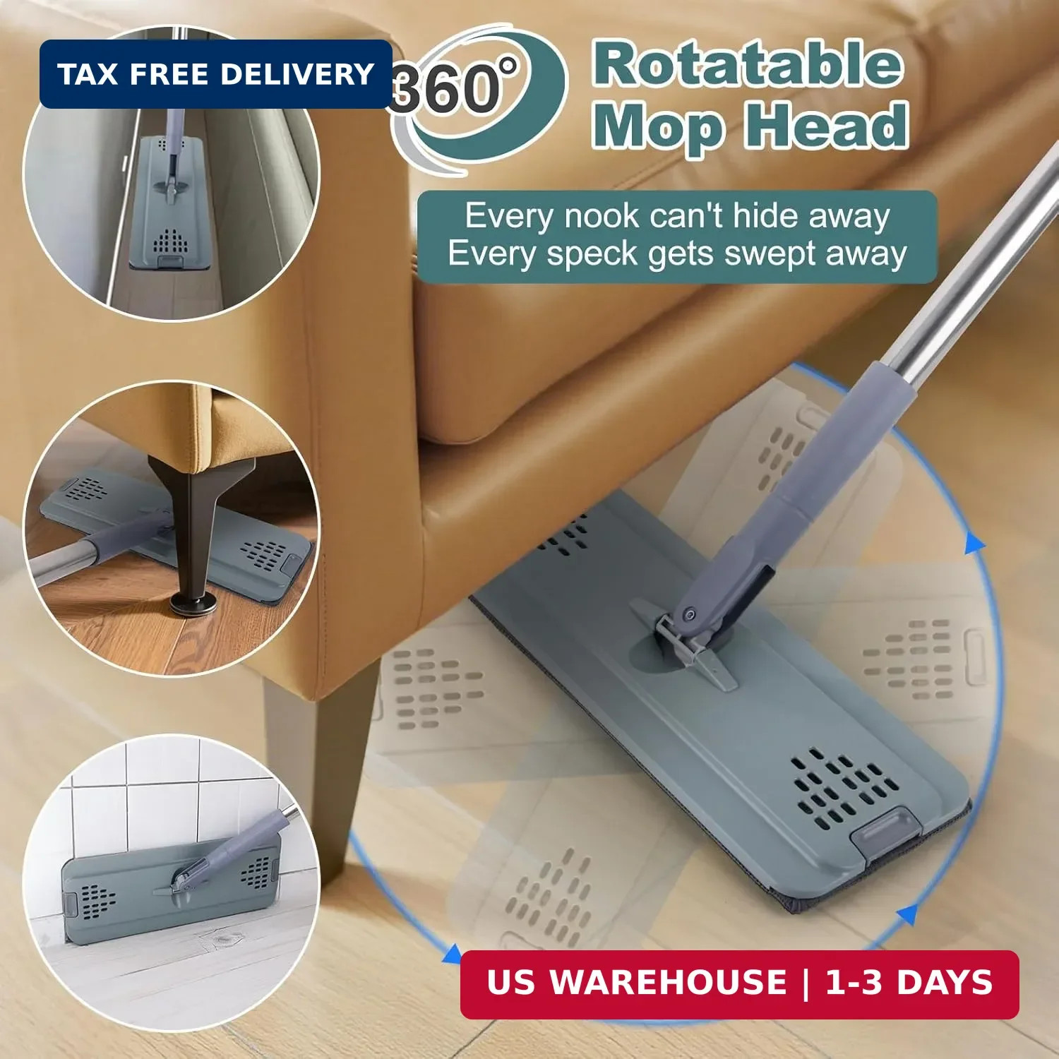 Flat Mop with 3 Pads, Microfiber Mops for Floor Cleaning Adjustable Handle 29-49