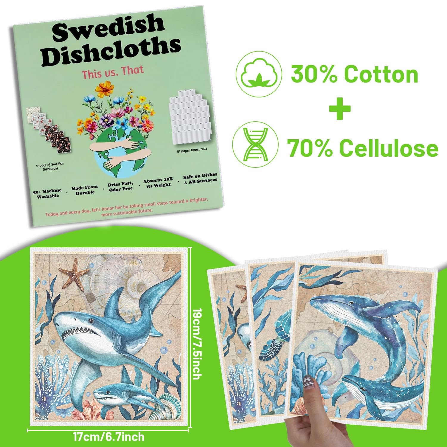 Sea Animals Swedish Dishcloths Reusable Absorbent Fast Drying Sponge Towel