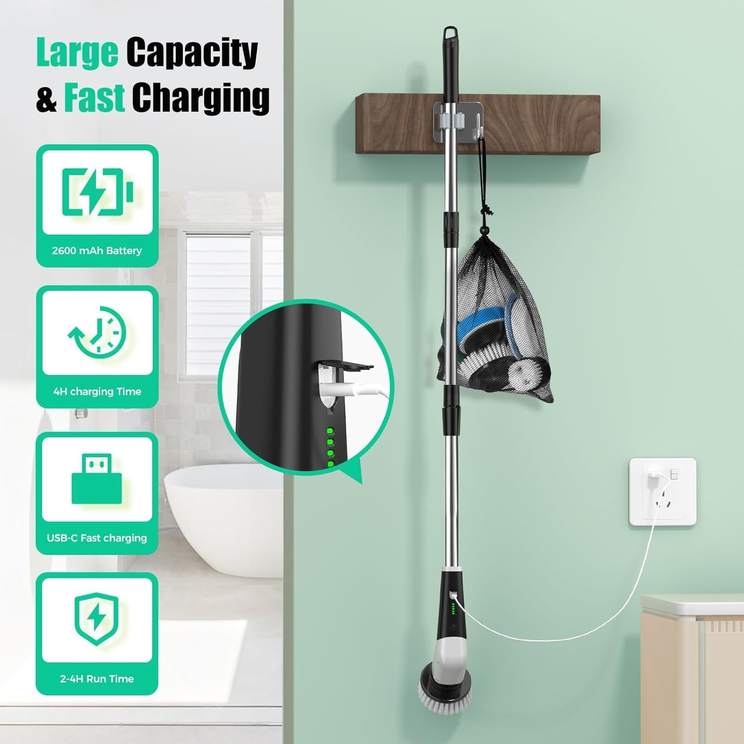 YKYI Cordless Electric Spin Scrubber 8-in-1 Rechargeable Extendable Brush Kit