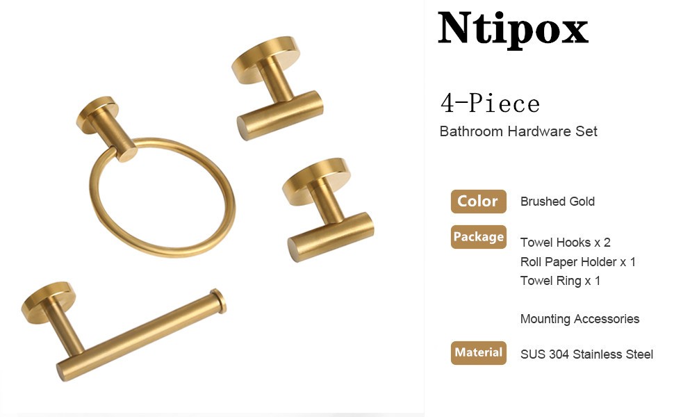 4 Piece Brushed Gold Stainless Steel Bathroom Hardware Set Include Hand Towel