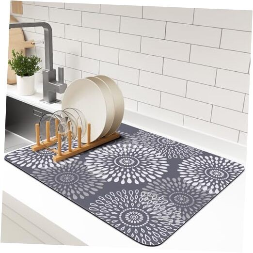 Dish Drying Mat Super Absorbent Kitchen Counter Mat Rubber 15″ x 18″ Gray