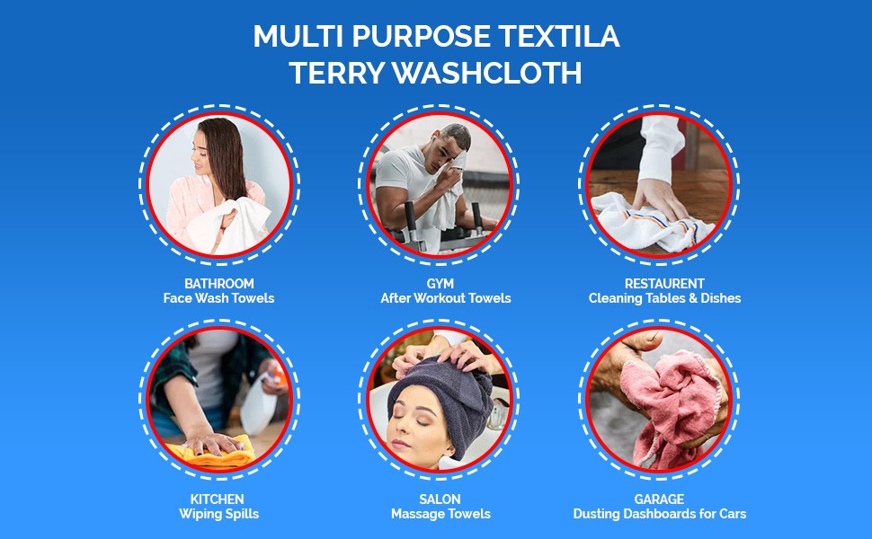 Terry Washcloths – 12×12 Inches – Pack of 10 – Multicolor – Highly Absorbent,