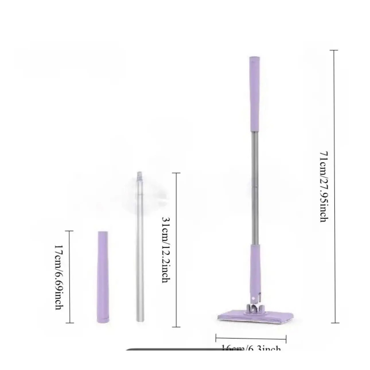 Flat Mop Metal Handle Plastic Head 90cm Purple White 16x8cm