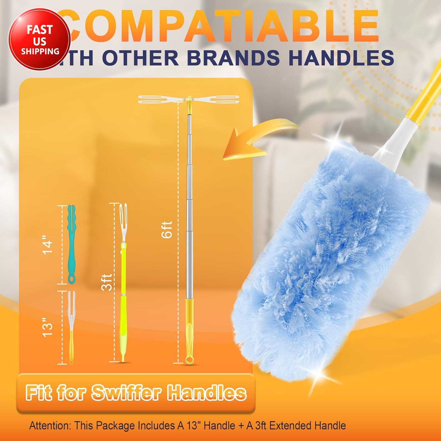 60-Pack Heavy Duty Duster Refills Compatible with Swiffer, 3FT Extendable Handle