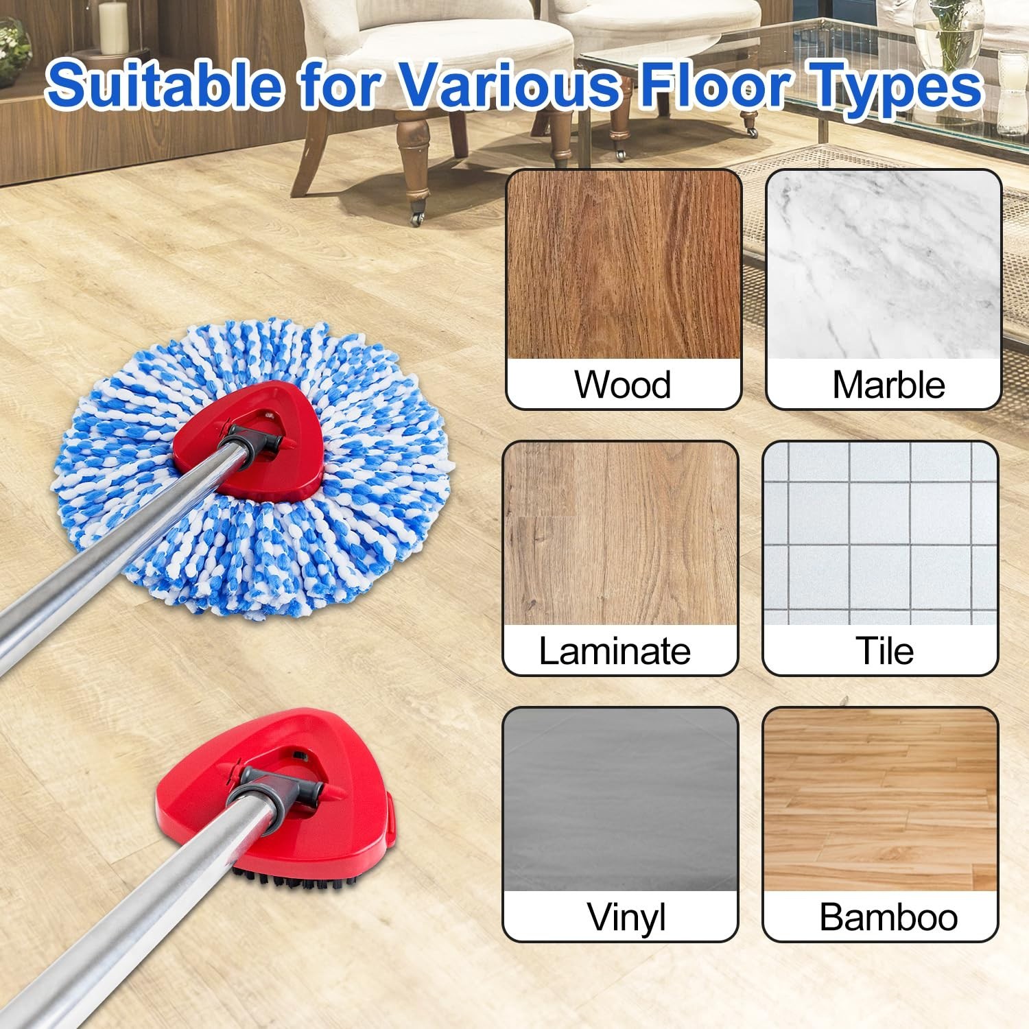 Spin Mop Replacement Set – Stainless Steel Handle, 2 Reusable Mop Heads & Base,