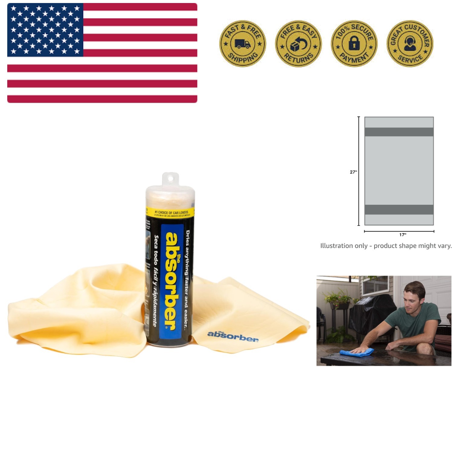 the absorber Large 27-Inch x 17-Inch, Natural Tan – Synthetic Drying Chamois…