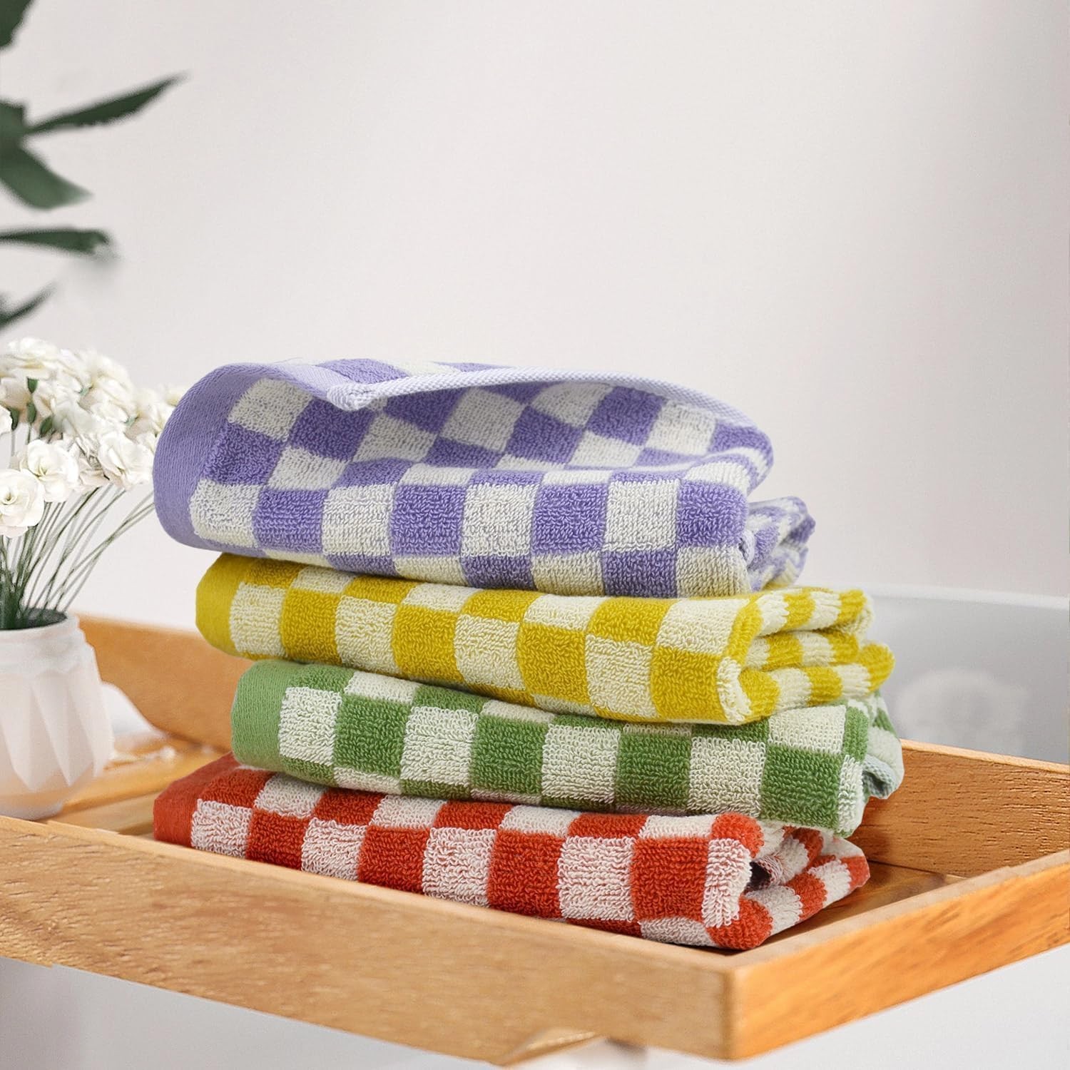 Washcloths 12 Pack Checkered – Wash Cloths for Showering (13″x13″) in 4 Colors,