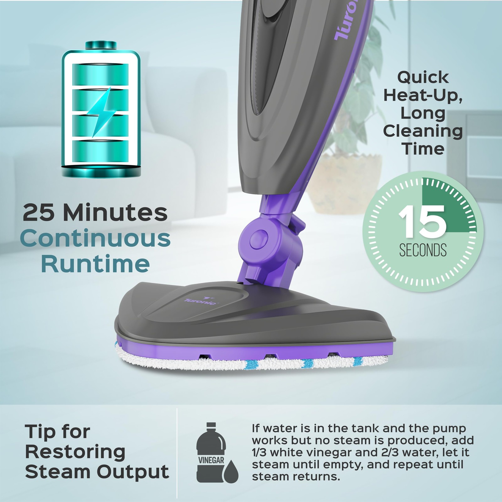 Turonic ST3 10-in-1 Steam Mop – 1500W, 110°C Floor Steamer, 15s Heat-up