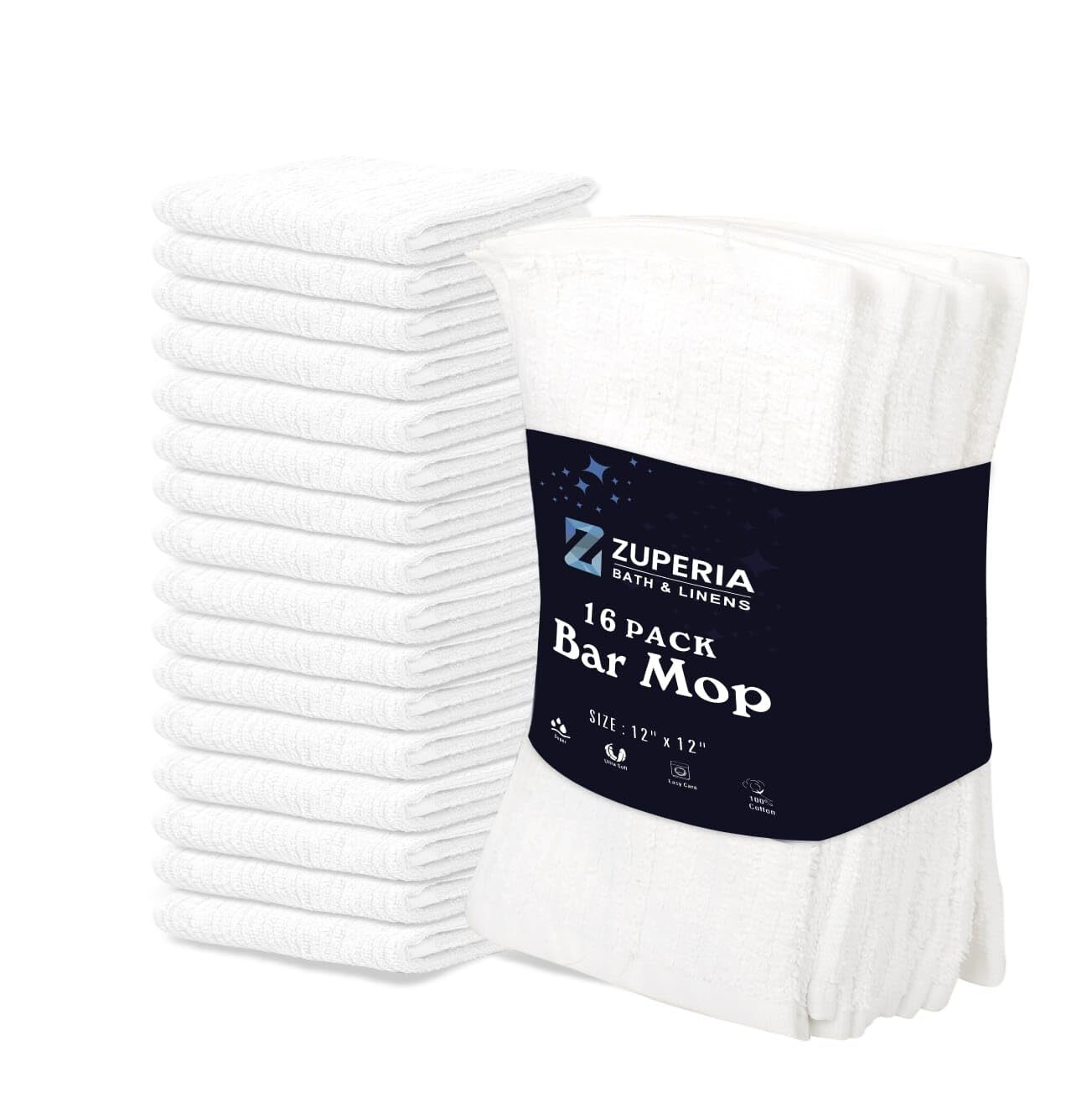 ZUPERIA Premium Bar Mop 16 Pack (12 x 12) – 100% Cotton Cleaning Towels Made