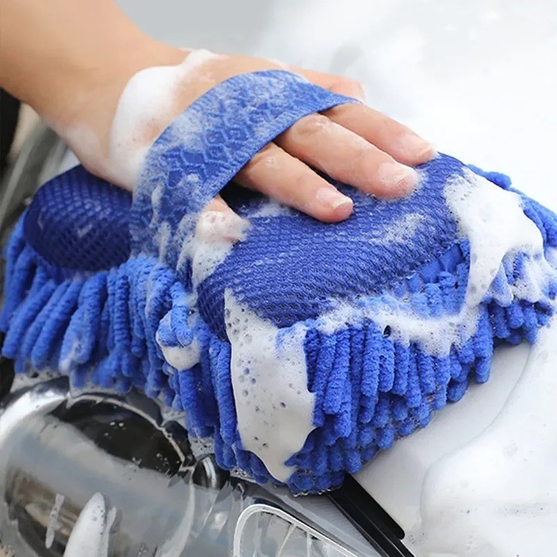 2Pcs Microfiber Car Wash Sponge Gloves Cleaning Brush Auto Washing Towel Set