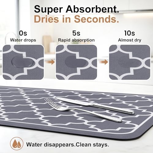Dish Drying Mat Super Absorbent Drying Mat Large Dish 18″ x 15″ Stylish Grey