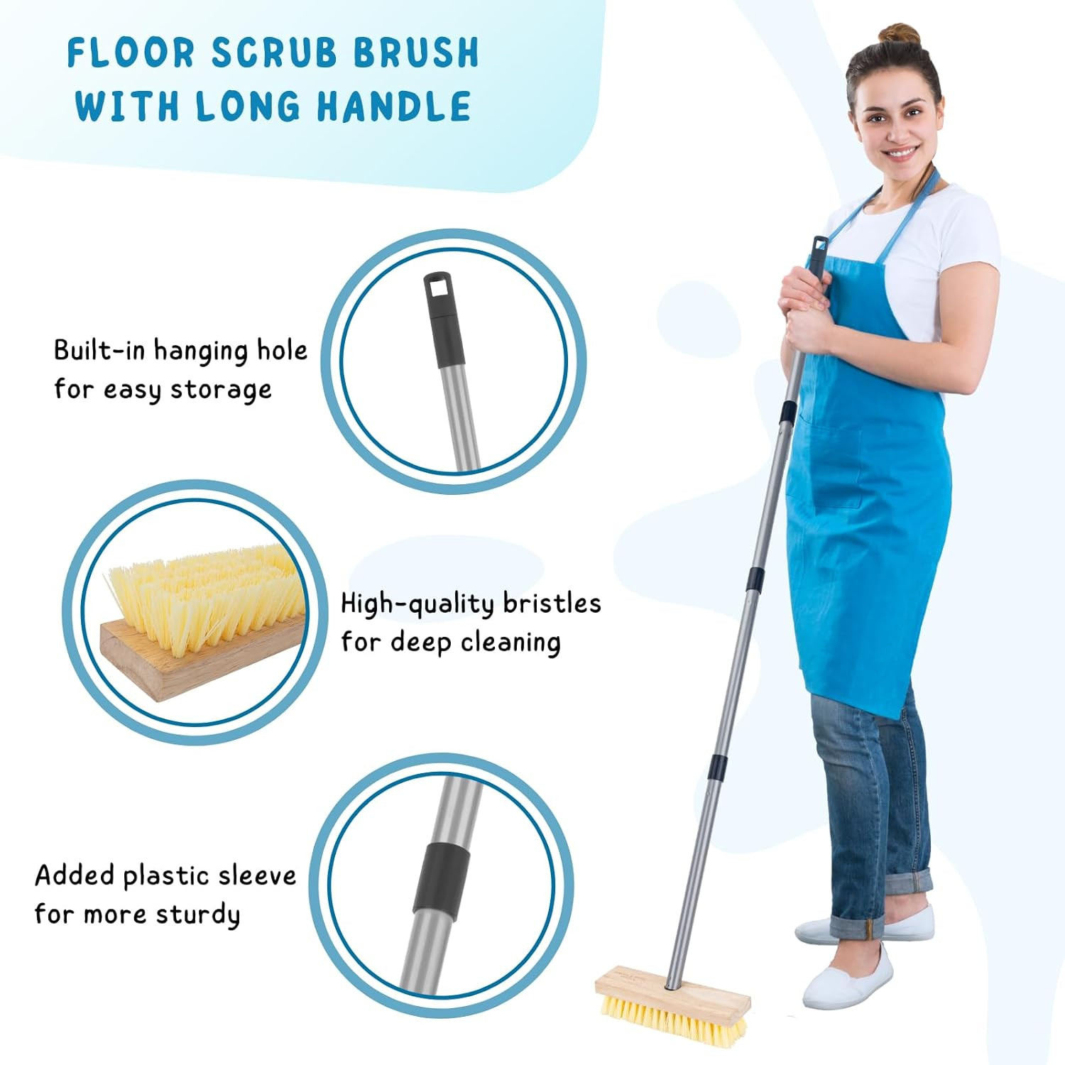 Long Handle Floor Scrub Brush Heavy Duty Stiff Bristle Deck Tile Cleaner