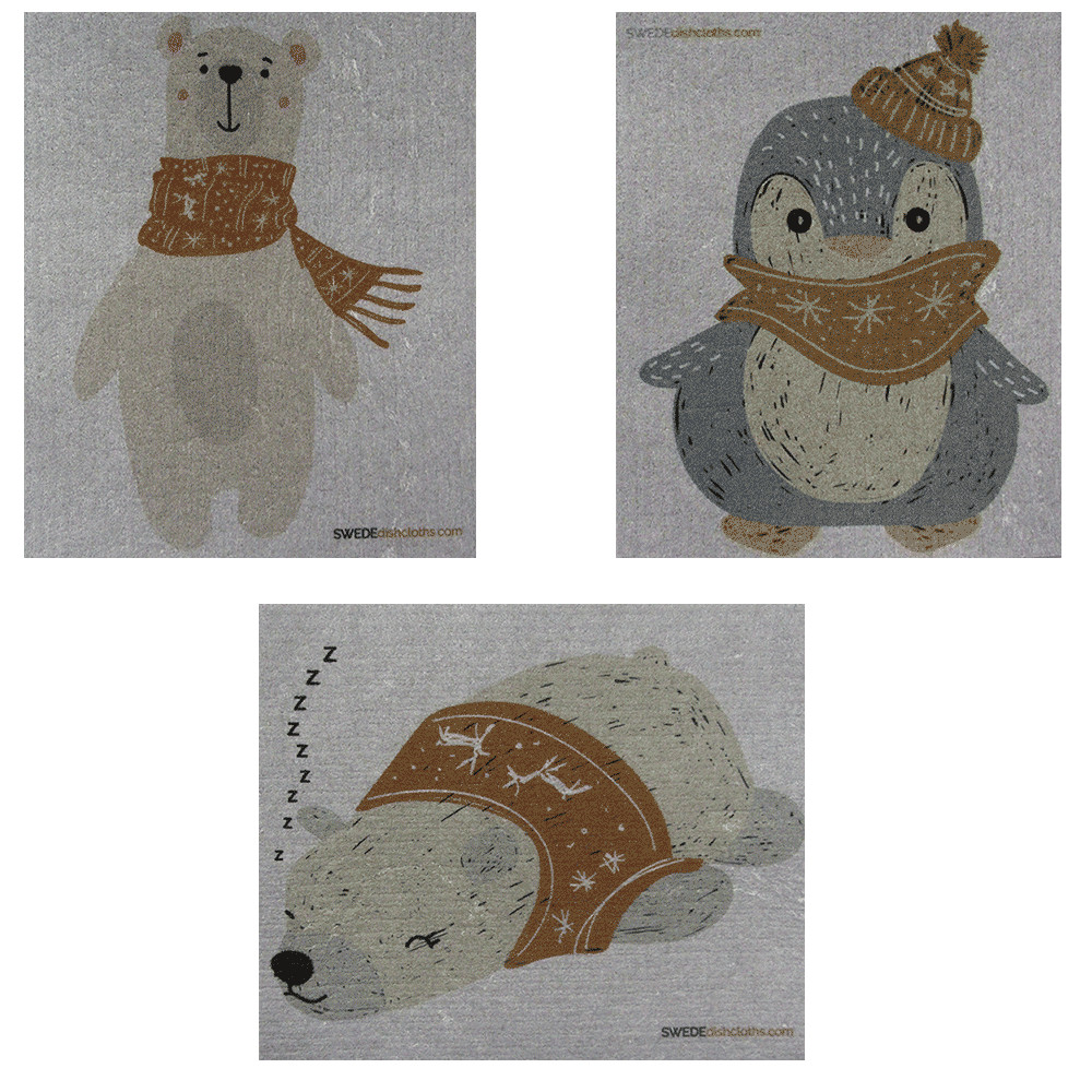 Mixed Winter Animals on Gray Set of 3 cloths (One of each design) Swedish Dishcl