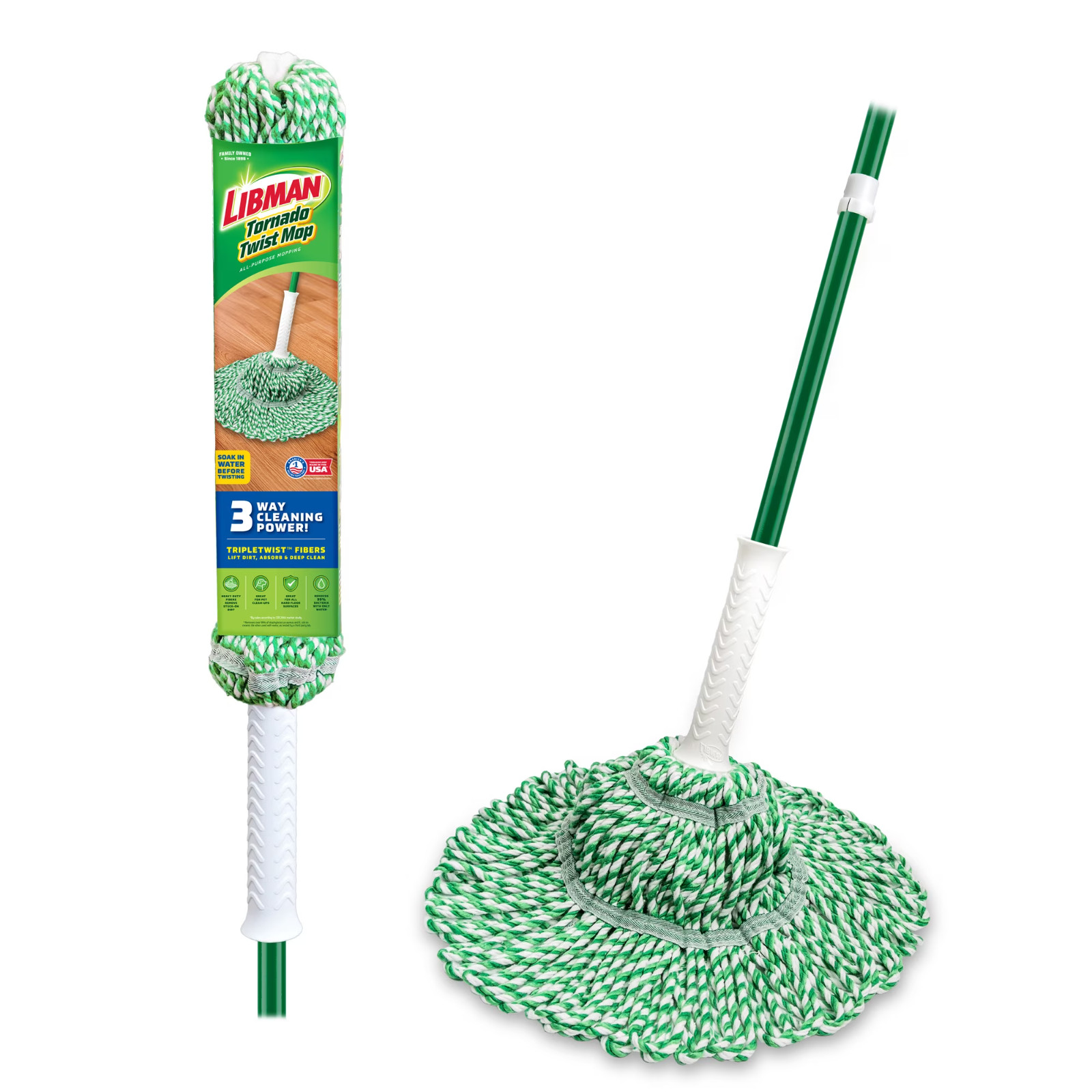 Libman Tornado Twist Mop with Cotton Blend Head and Steel Handle, Green & White,