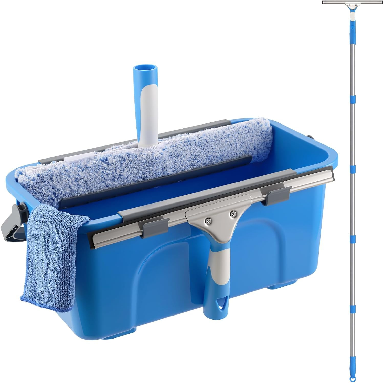 Professional Window Cleaning Kit with Bucket 3 Gallon, 14″ Window Squeegee Micro