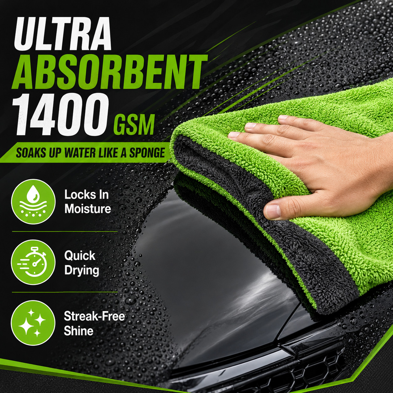 36x24in Microfiber Car Drying Towel 1400GSM Stripe-Free Automatic Washing Cloth