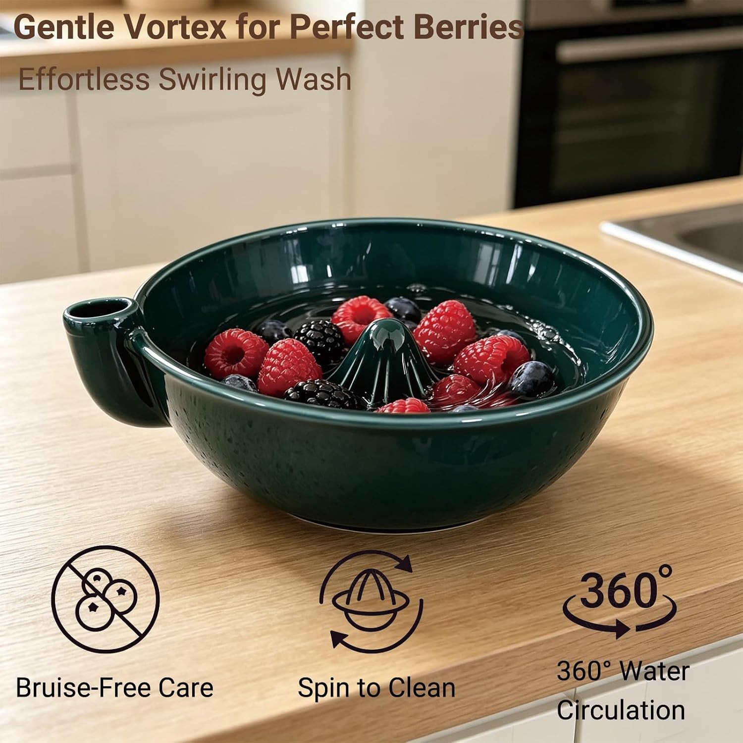 Self Rinsing Berry Washing Ceramic Bowl,Pale Blue,Ceramic Berry Basket withHoles