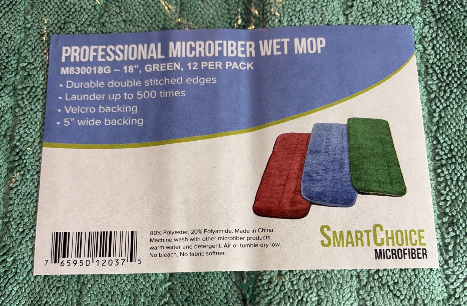 12 Pack of Microfiber Reusable Wet Mop Pads – Green – 18 inch X 5”inch Mop Pads
