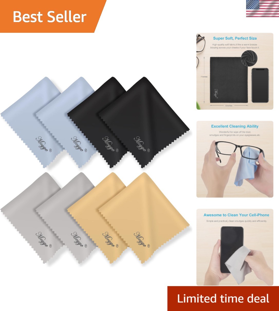 8 Individual Wrapped Microfiber Cloths 6×7” – Screen Wipes for Eyeglasses & More