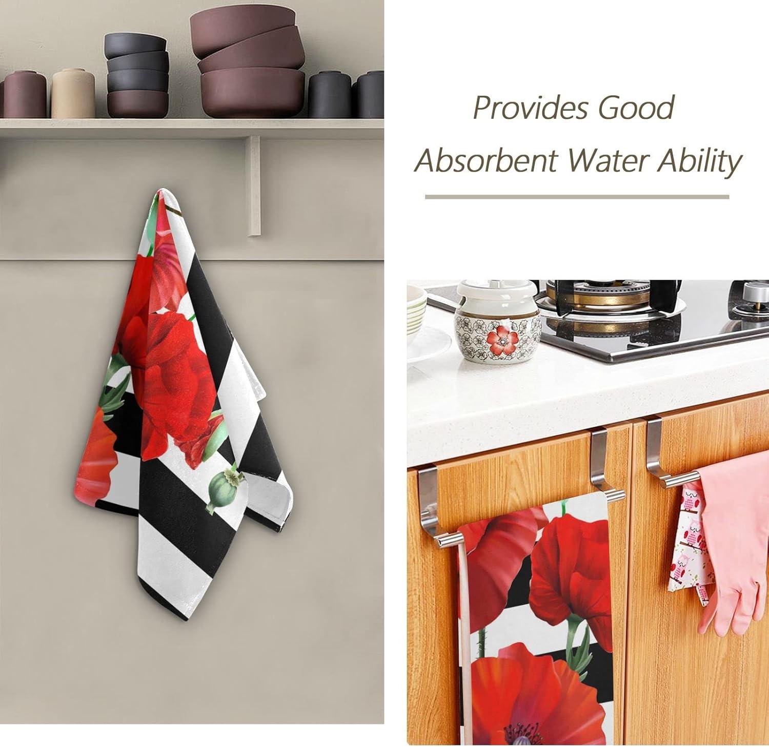Red Poppy Hand Towels for Bathroom Set of 2 Black and White Striped Nature