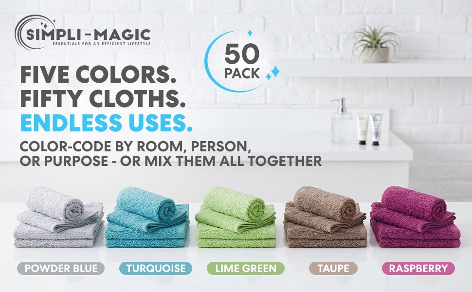 Simpli-Magic Cotton Wash Cloths 12″x12″ (50 Pack) – Highly Absorbent Soft Towels