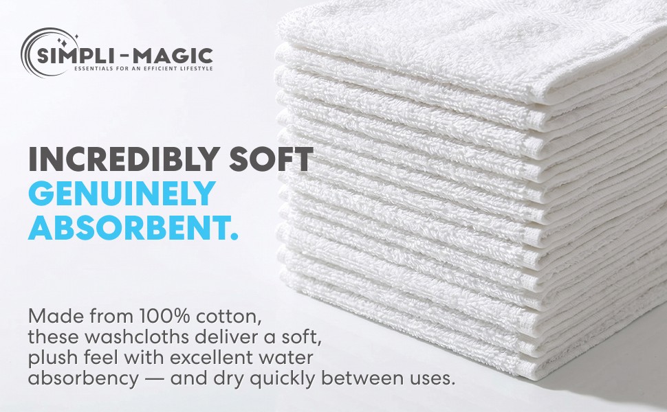 Simpli-Magic Cotton Washcloths White, 40 Pack, Size: 12”x12”