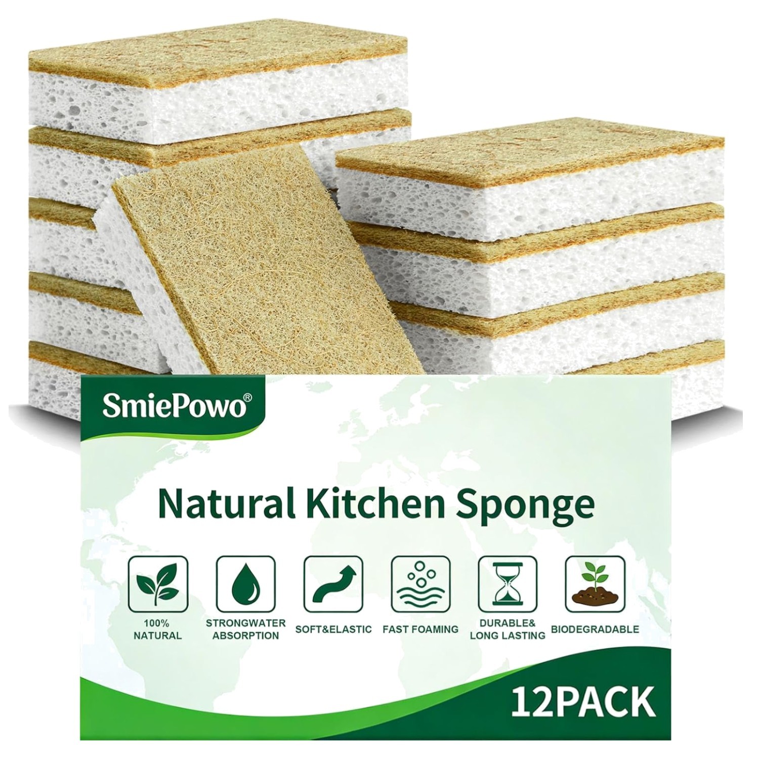 Natural Compostable Kitchen Sponge 12 Pack Cellulose & Coconut Fiber Eco-Frie…