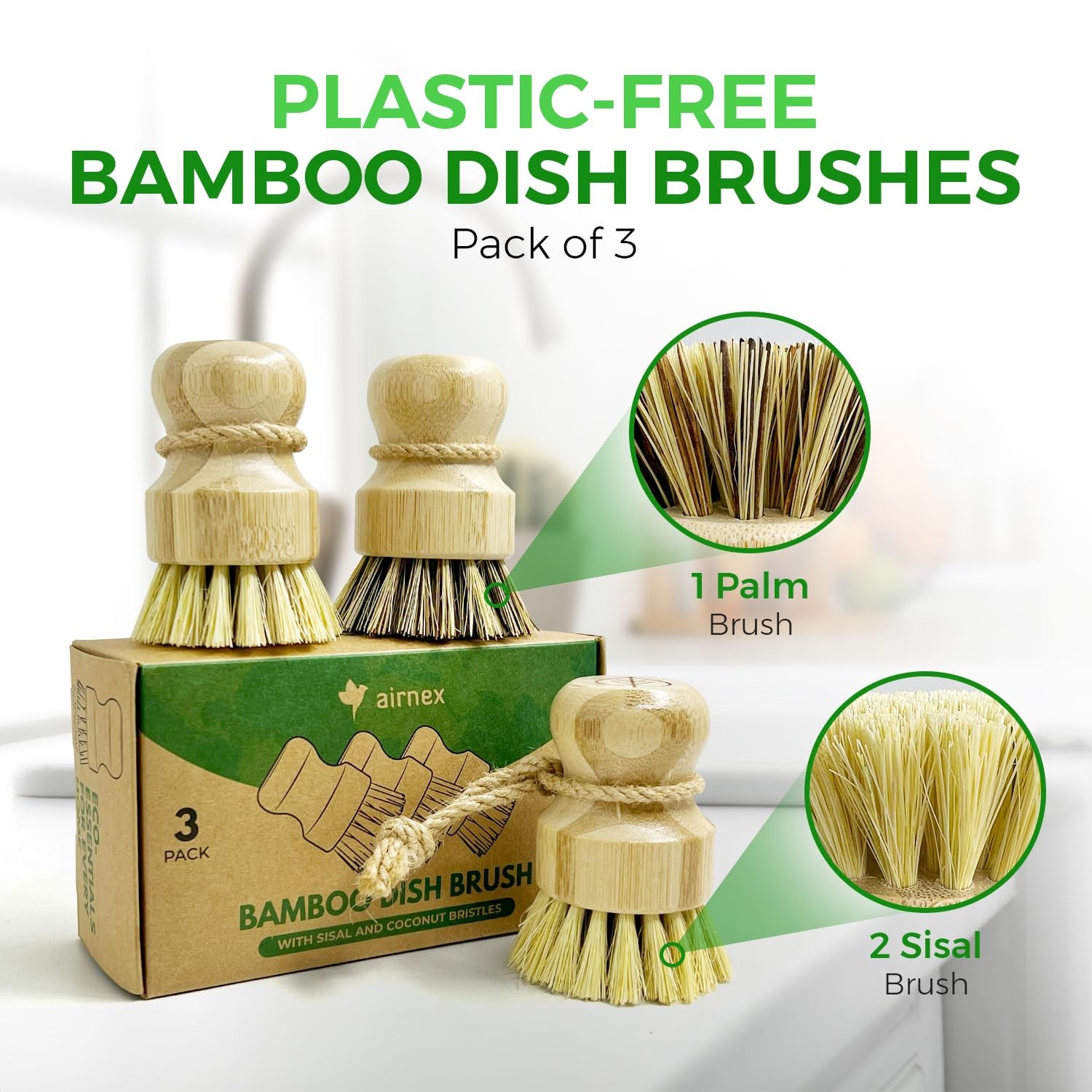 AIRNEX Bamboo Dish Brush Set of 3 – Natural Wooden 3 Pack,