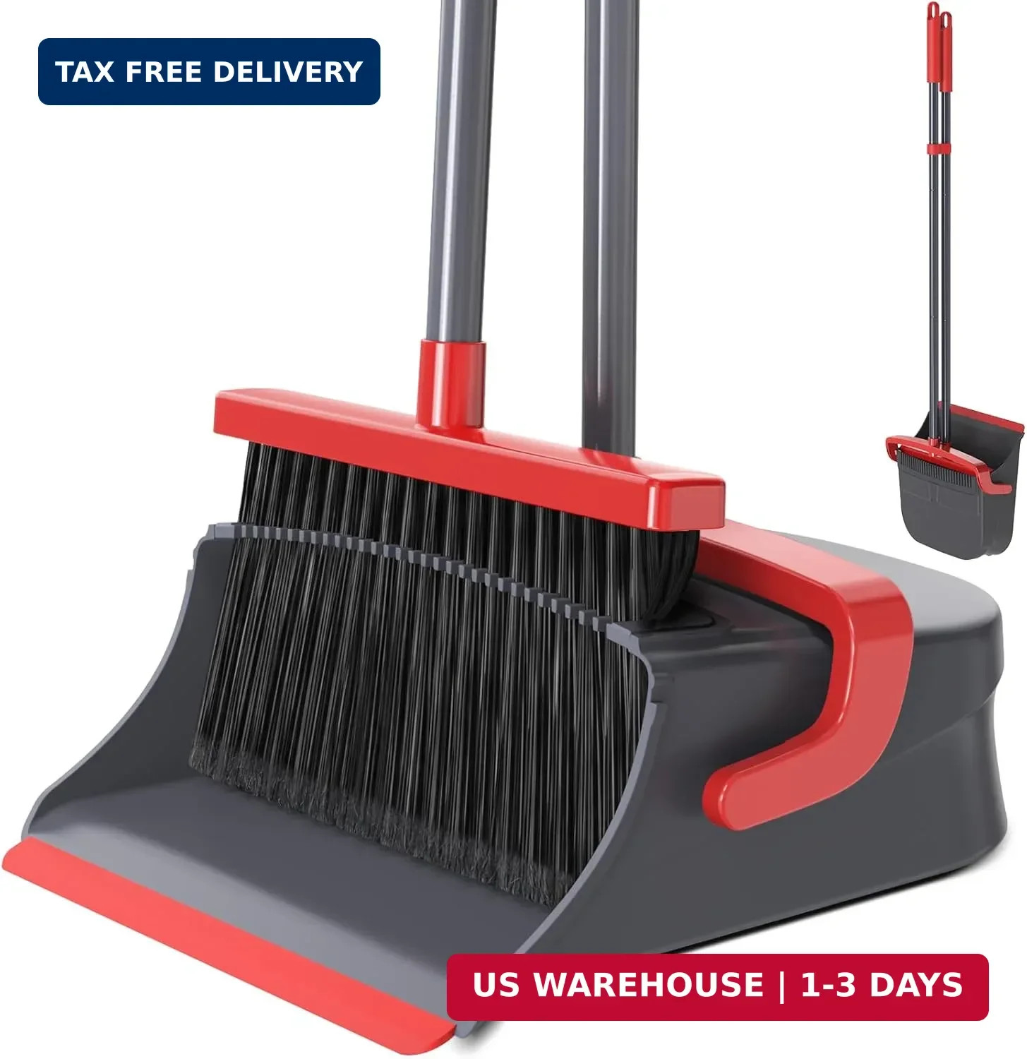 Broom with Dustpan Combo Set, Long Handle Upright Standing Self-Cleaning Broom a