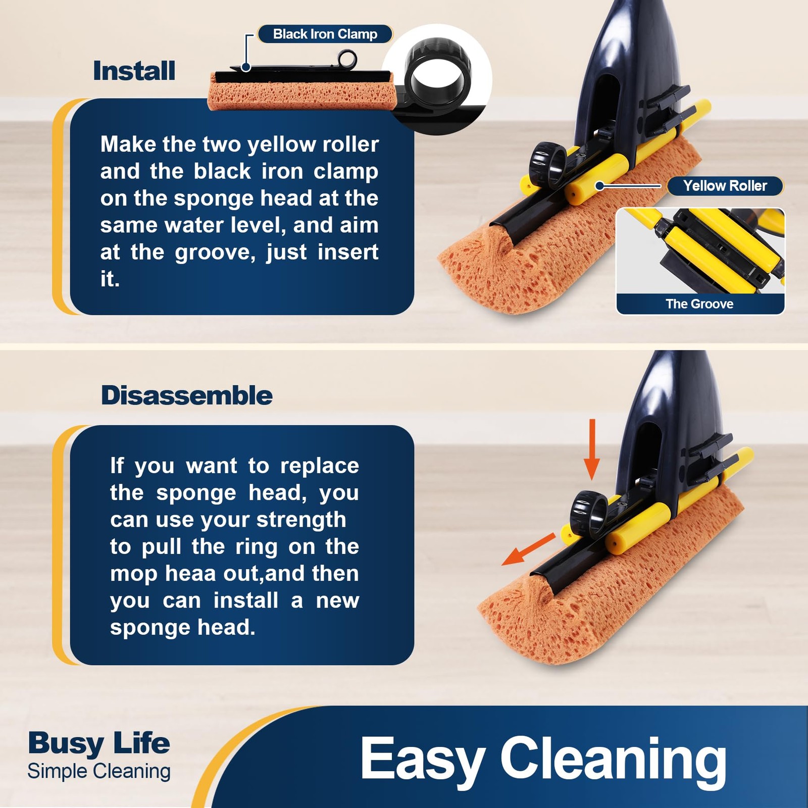 Yocada Sponge Mop Home Commercial Use Tile Floor Bathroom Garage Cleaning Total