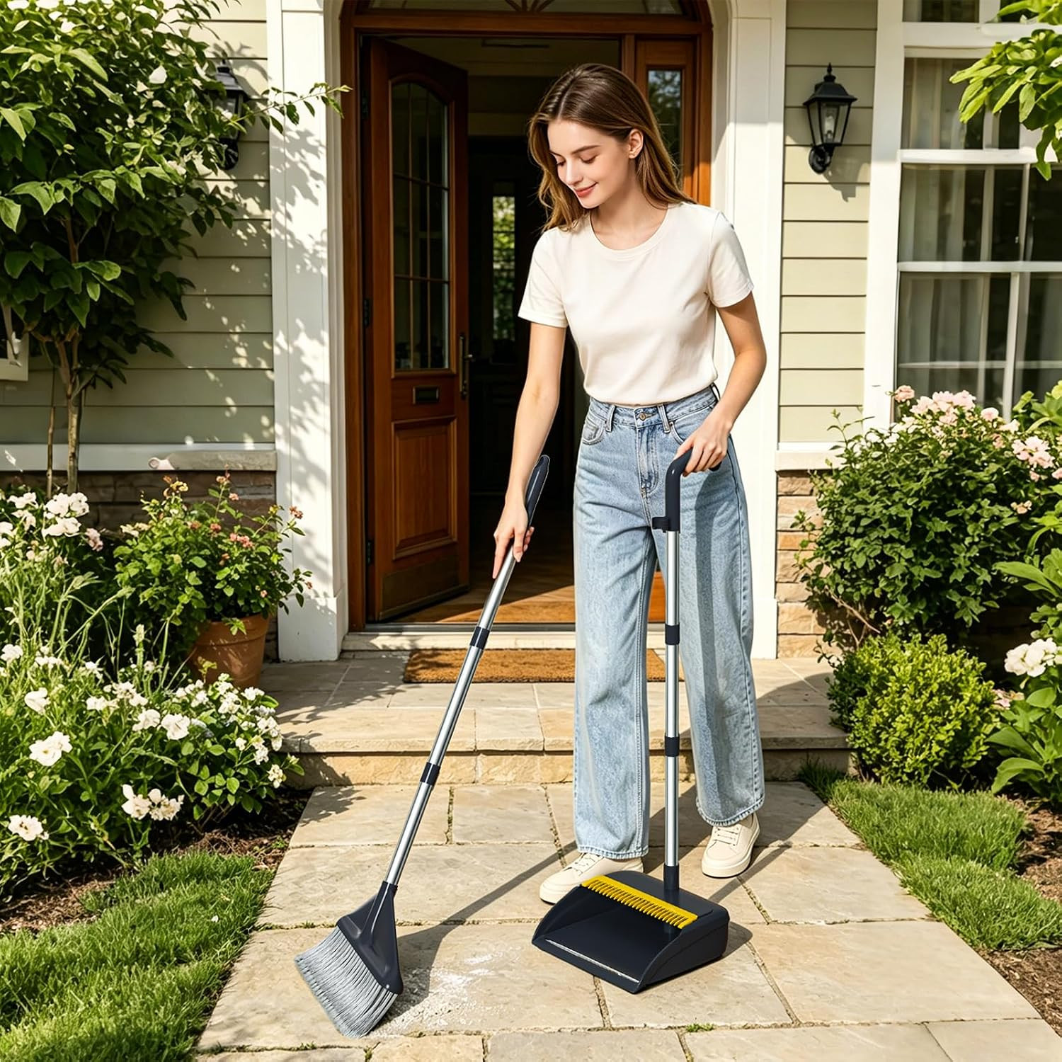 Broom and Dustpan Set with 52″ Long Handle | Stand Up Dustpan with No Warping Me